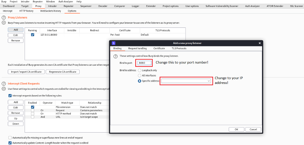 Chaning IP address to proxy on burp